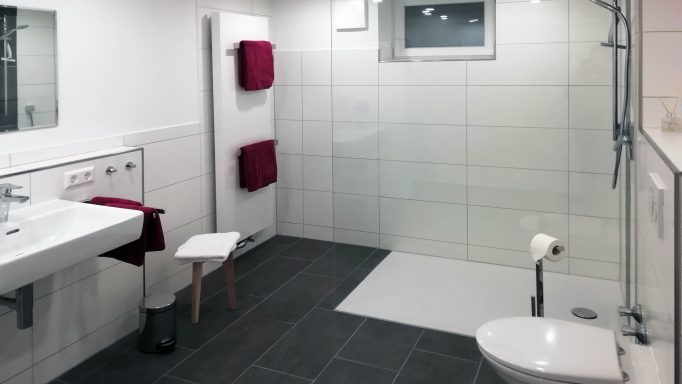 Modernes Badezimmer mit Dusche, Waschbecken und roten Handtüchern.